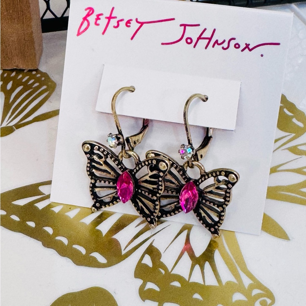 Betsey Johnson Gold Butterfly Earrings with Pink  Gems - NWT